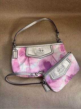 Coach SoHo Pink Watercolour Floral Mini Shoulder Bag and Wristlet.
